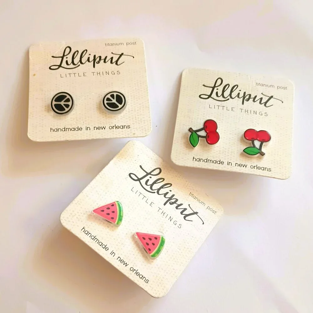 Lilliput 3 Pairs Post Earrings Peace Sign Cherry Water Mellon Girl's Jewelry